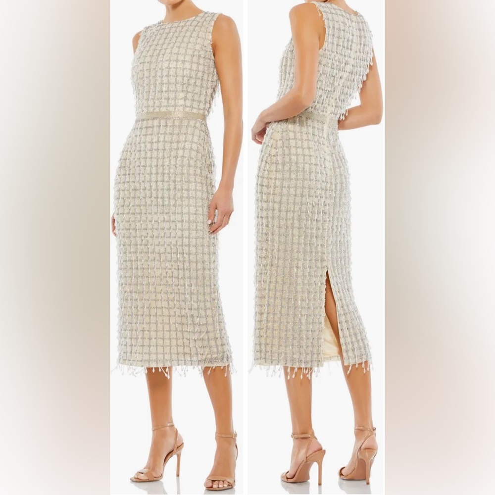 NWT Mac Duggal Beaded Fringe Sheath Midi Dress Size 4 - Picture 3 of 10